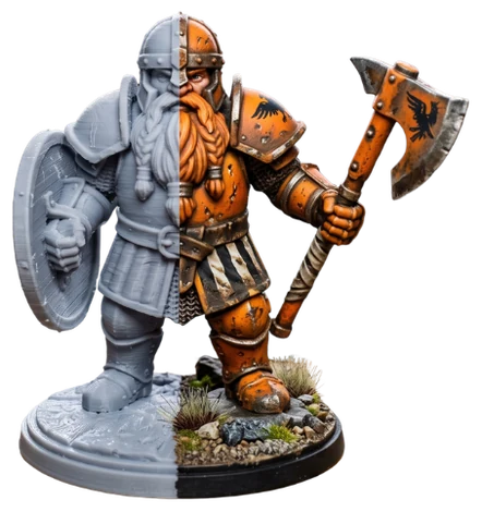 Zwergen-Miniatur mit Axt und Schild, halb roh, halb bemalt